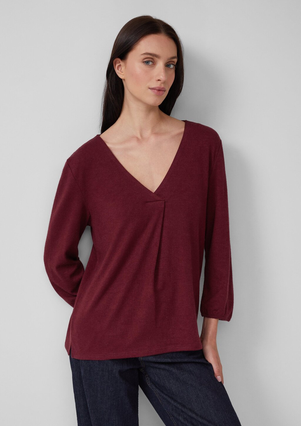 Meliertes Shirt mit V-Ausschnitt und elastischen Ärmelbündchen