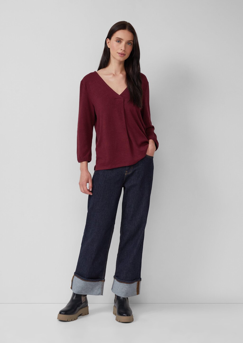 Meliertes Shirt mit V-Ausschnitt und elastischen Ärmelbündchen