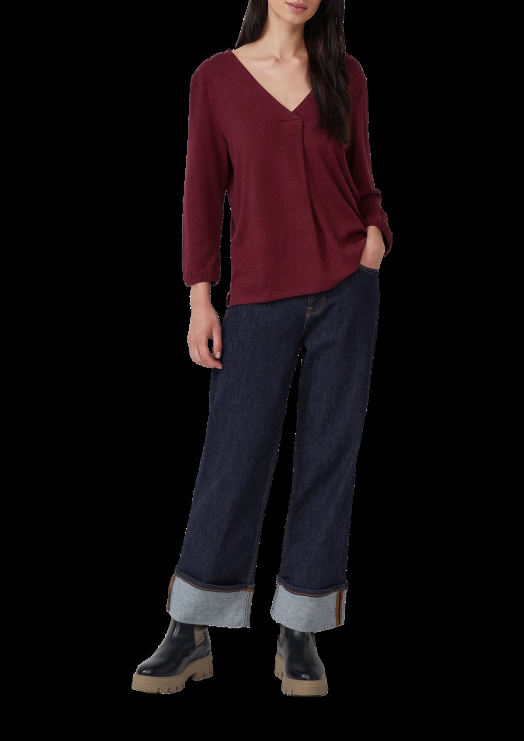 Meliertes Shirt mit V-Ausschnitt und elastischen Ärmelbündchen