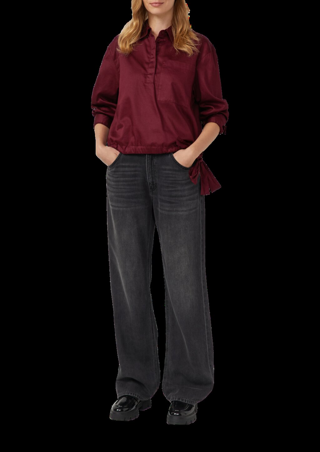 Baumwollsatin-Bluse mit Bindedetail am Saum