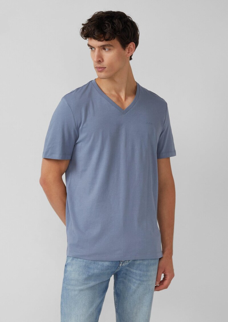 Baumwoll-T-Shirt mit V-Ausschnitt und Logoprint