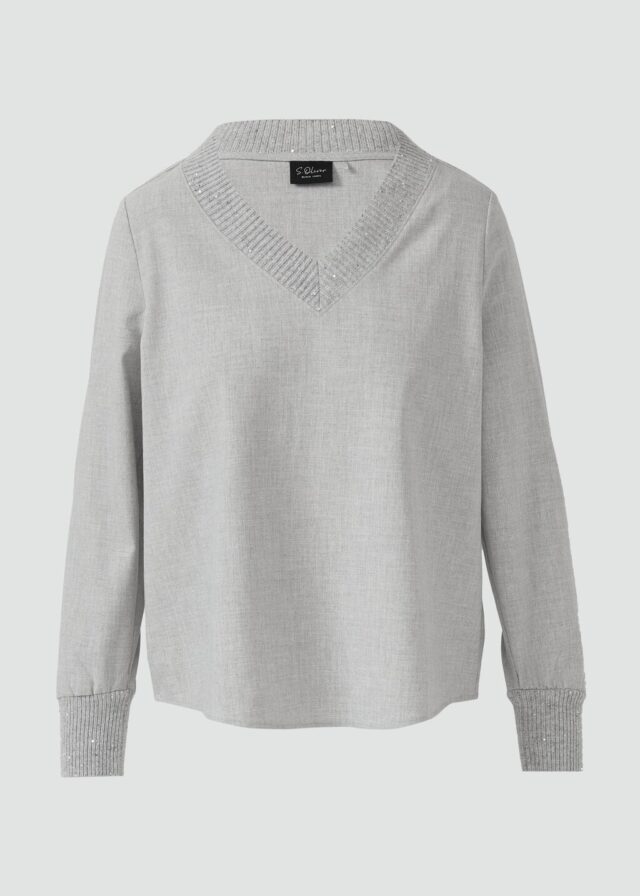 Flanell-Bluse mit Strickkragen und -bündchen