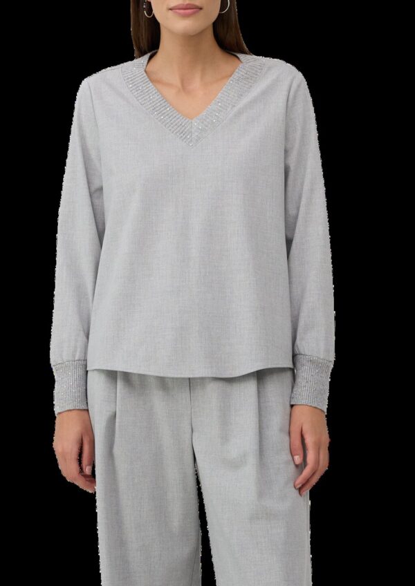 Flanell-Bluse mit Strickkragen und -bündchen