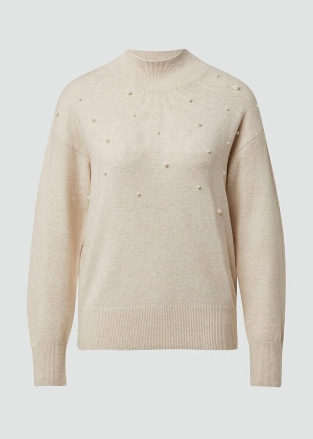 Feinstrickpullover mit Stehkragen und Schmuck-Perlen