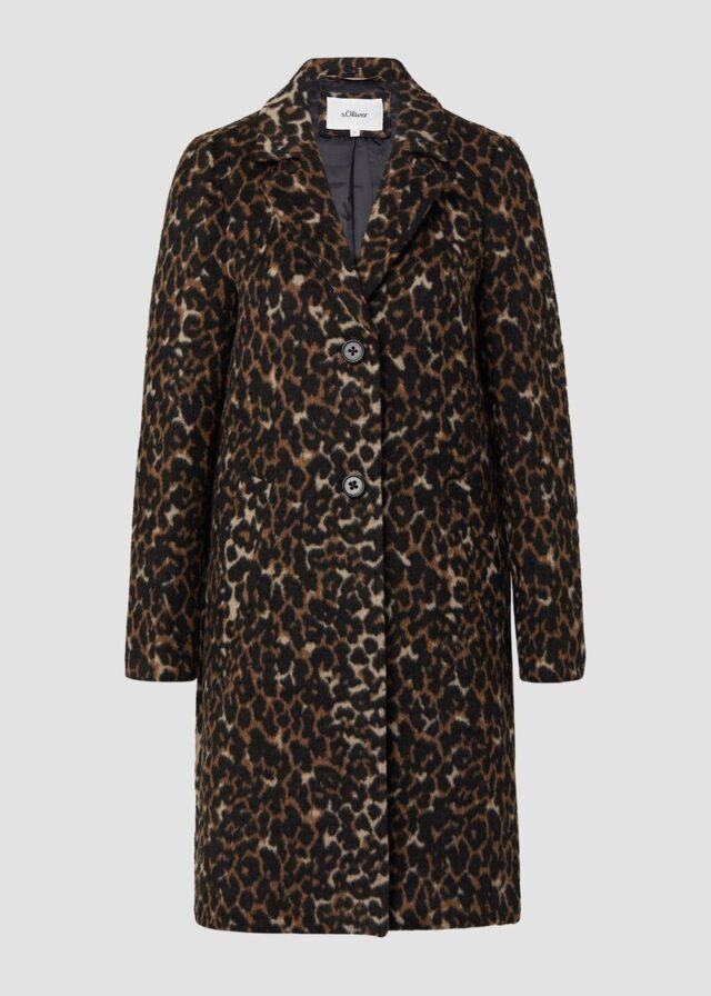 Wollmixmantel mit Leo-Muster und Eingrifftaschen