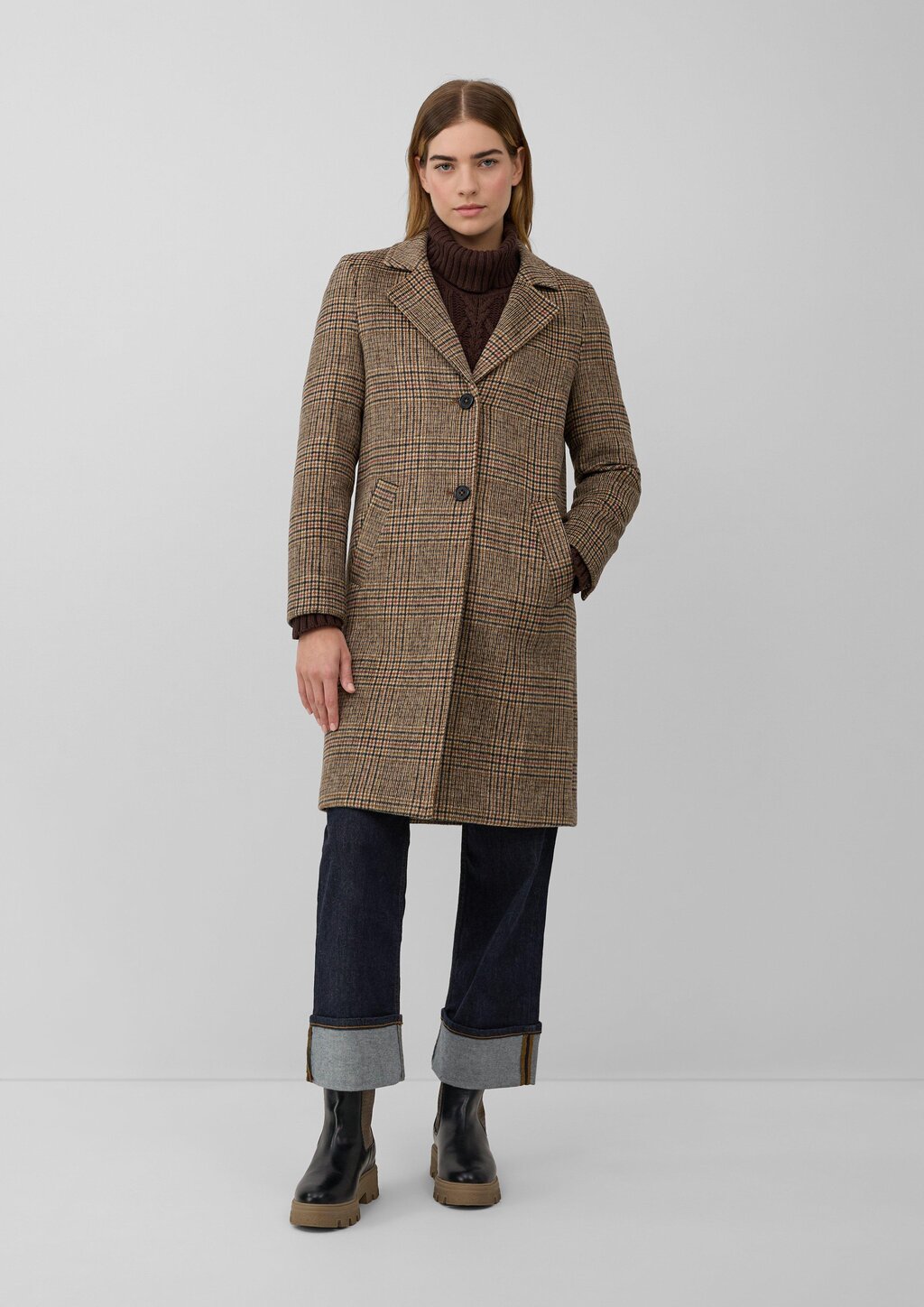 Wollmixmantel mit Leo-Muster und Eingrifftaschen