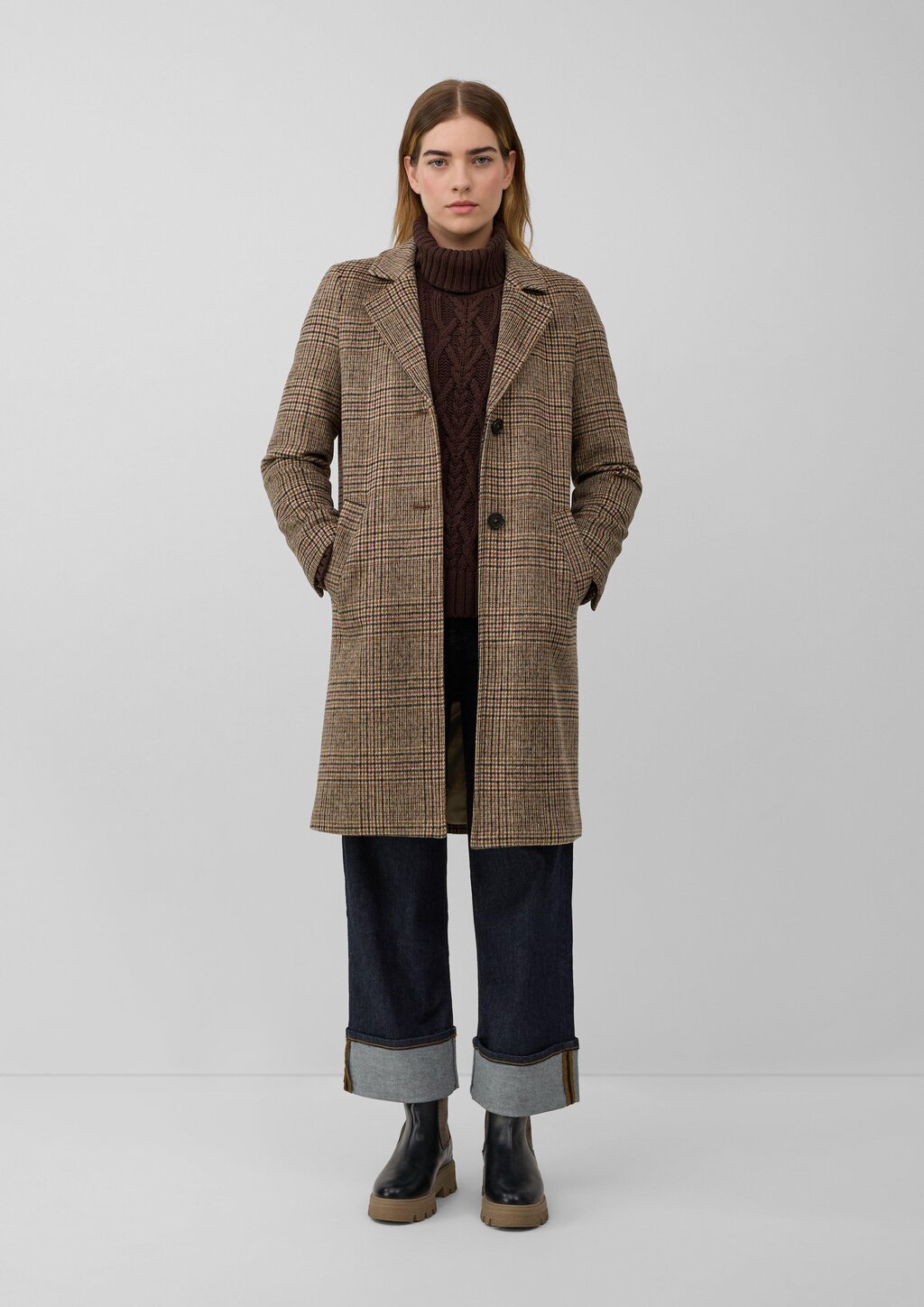 Wollmixmantel mit Leo-Muster und Eingrifftaschen