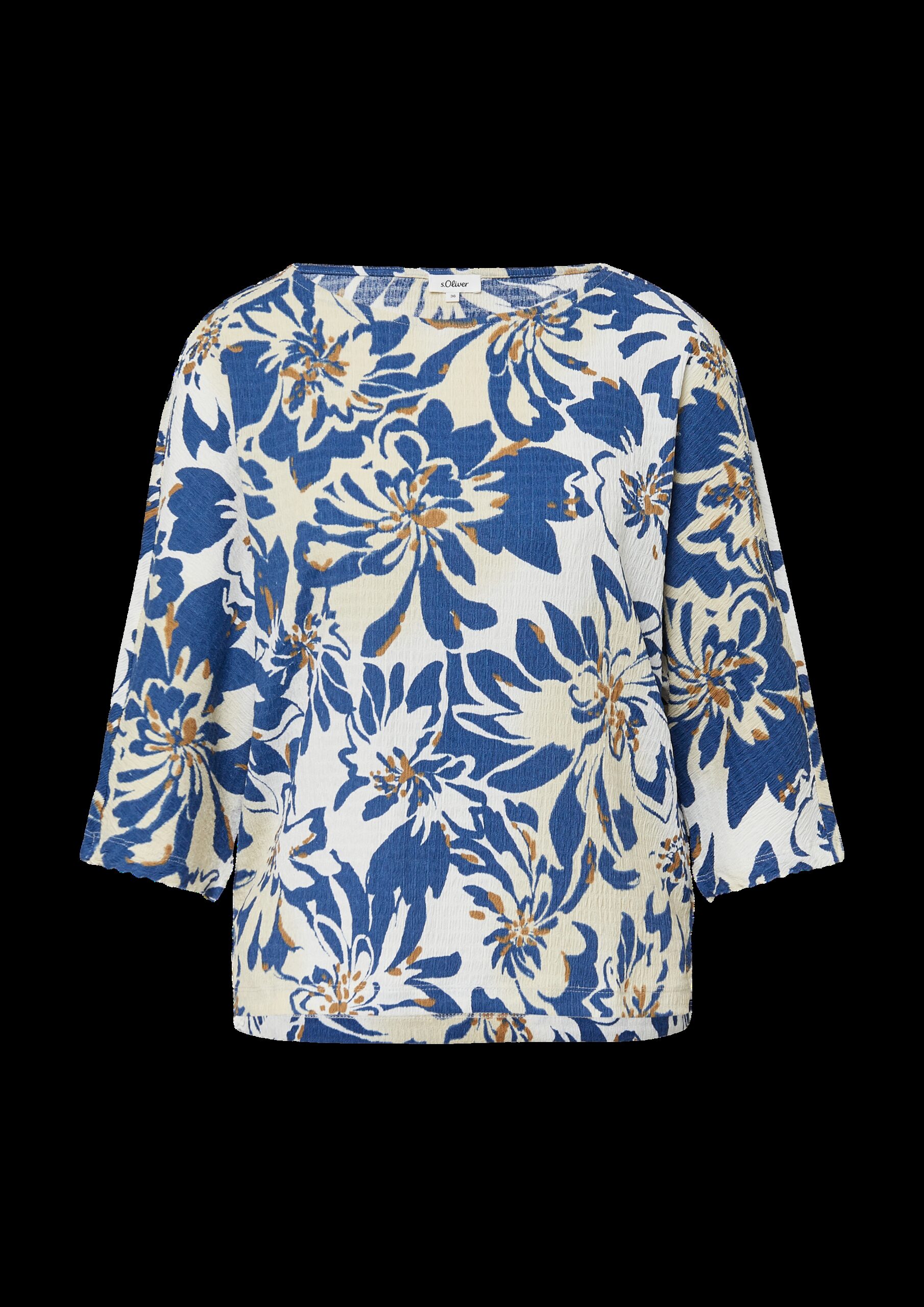 Strukturiertes Shirt mit 3/4-Fledermausärmeln und All-over-Print