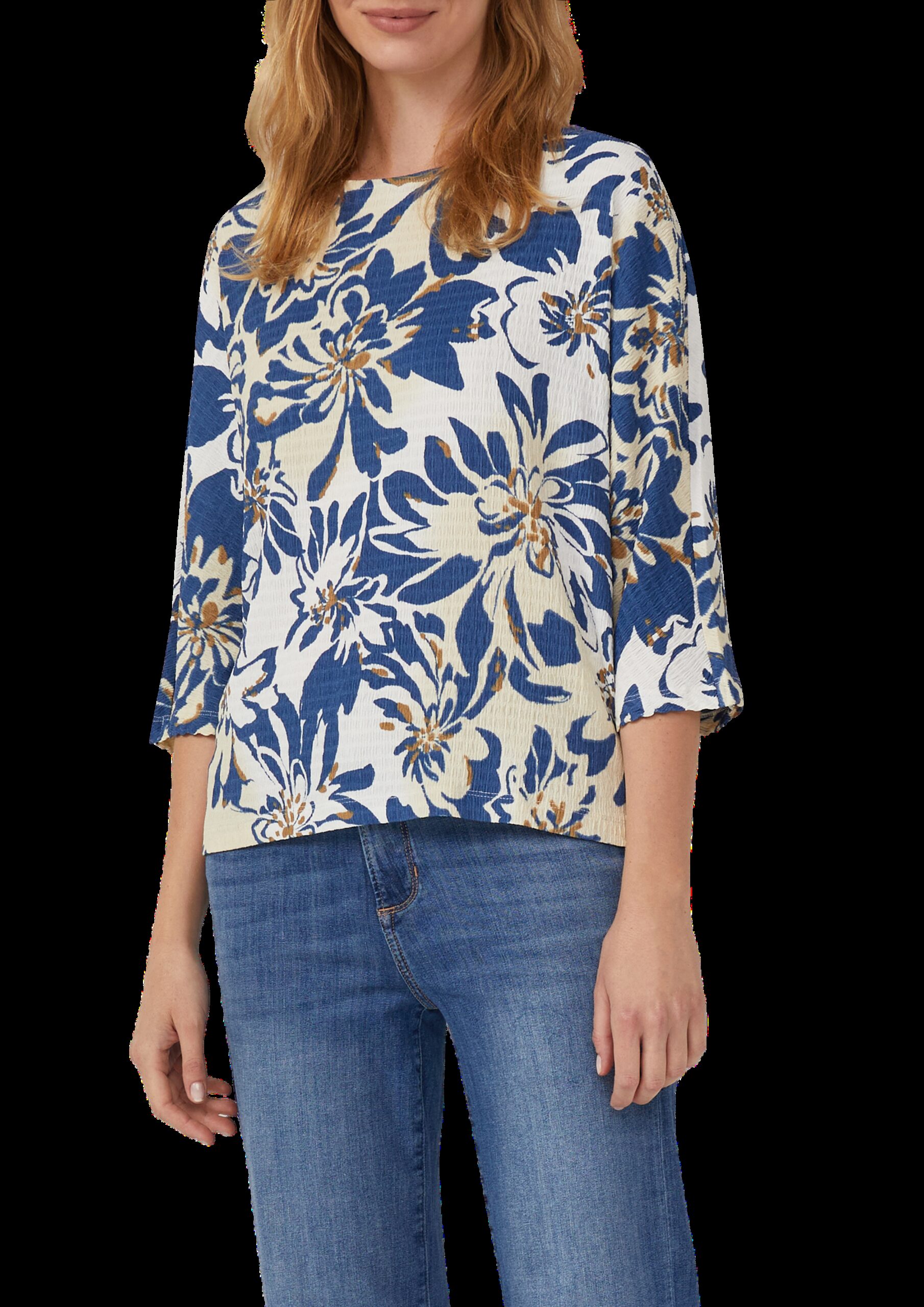 Strukturiertes Shirt mit 3/4-Fledermausärmeln und All-over-Print