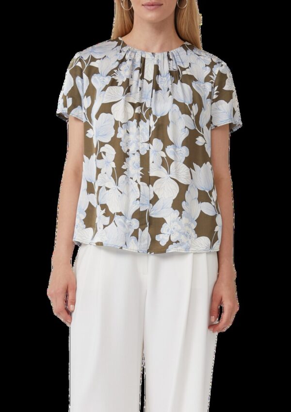 Satinbluse im Slim Fit mit Raffung und All-over-Print