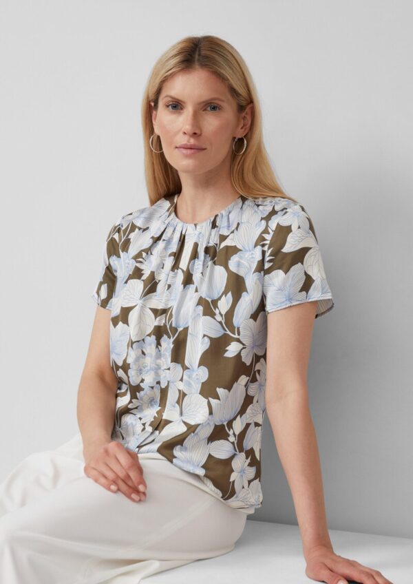 Satinbluse im Slim Fit mit Raffung und All-over-Print