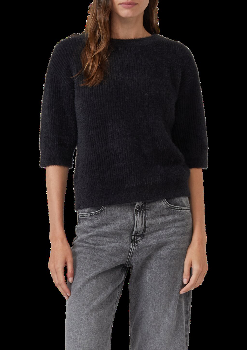 Flauschiger Strickpullover mit halbem Arm