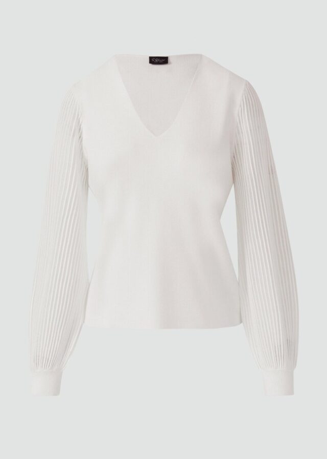 Feinstrickpullover mit V-Ausschnitt und semitransparenten Ärmeln