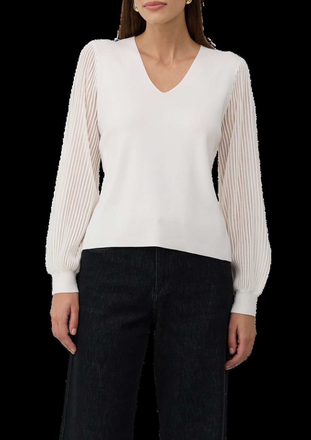 Feinstrickpullover mit V-Ausschnitt und semitransparenten Ärmeln