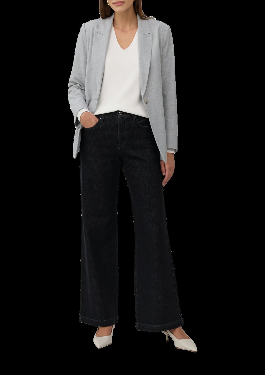 Feinstrickpullover mit V-Ausschnitt und semitransparenten Ärmeln