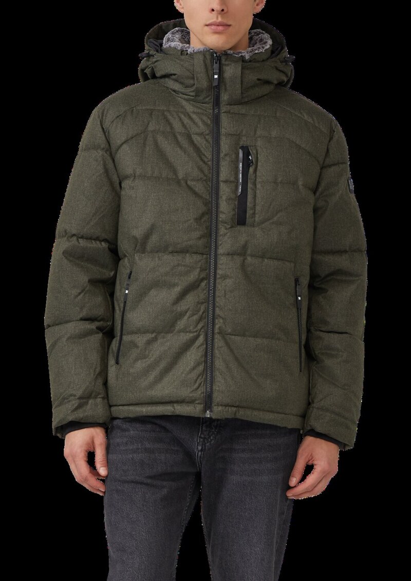 Melierte Pufferjacke mit abnehmbarem Kunstpelz-Innenkragen