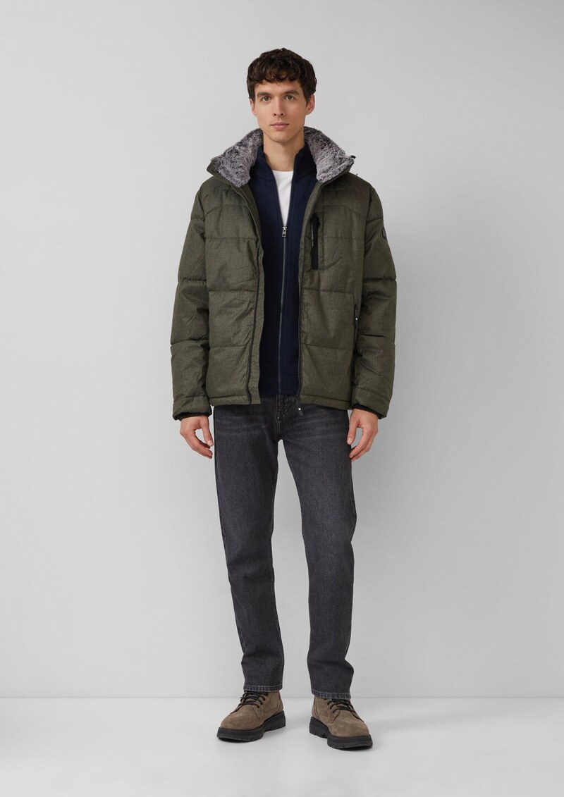 Melierte Pufferjacke mit abnehmbarem Kunstpelz-Innenkragen