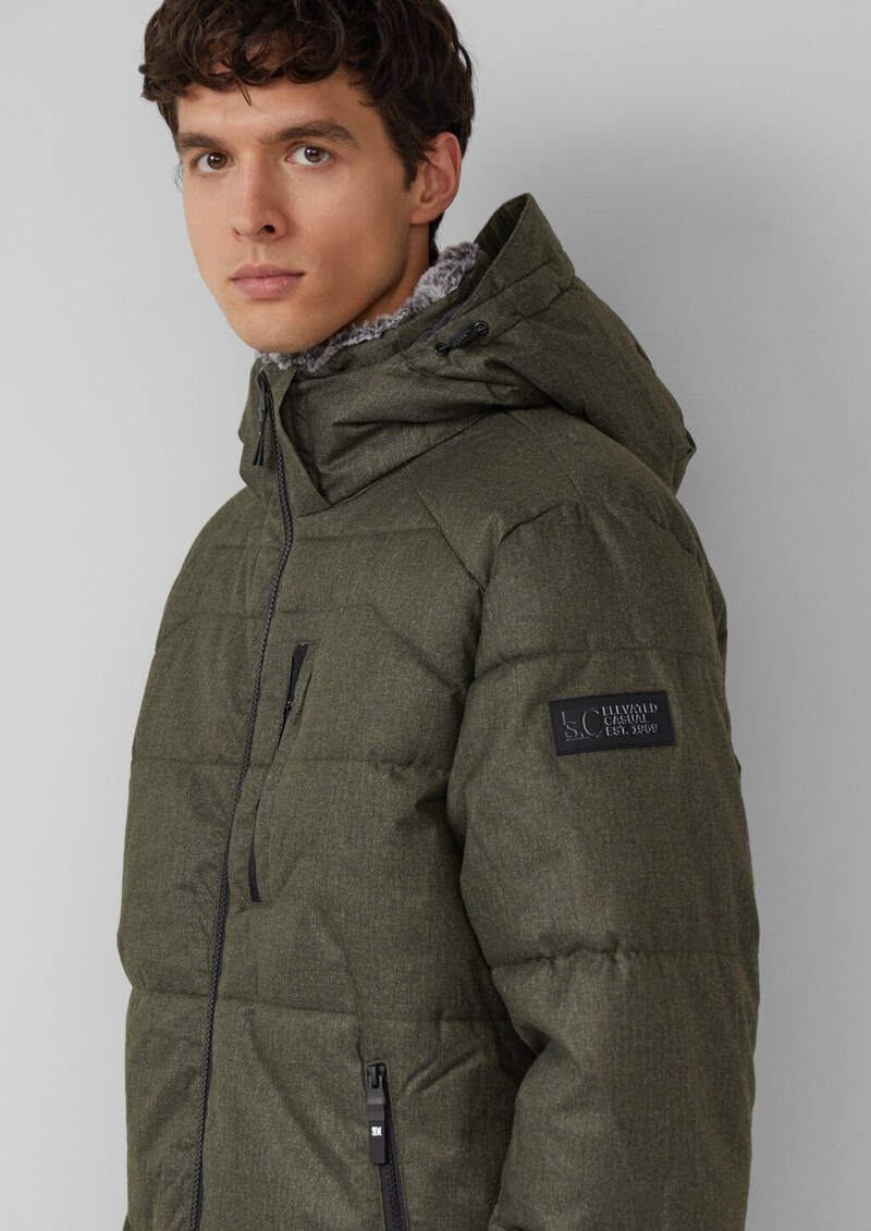 Melierte Pufferjacke mit abnehmbarem Kunstpelz-Innenkragen