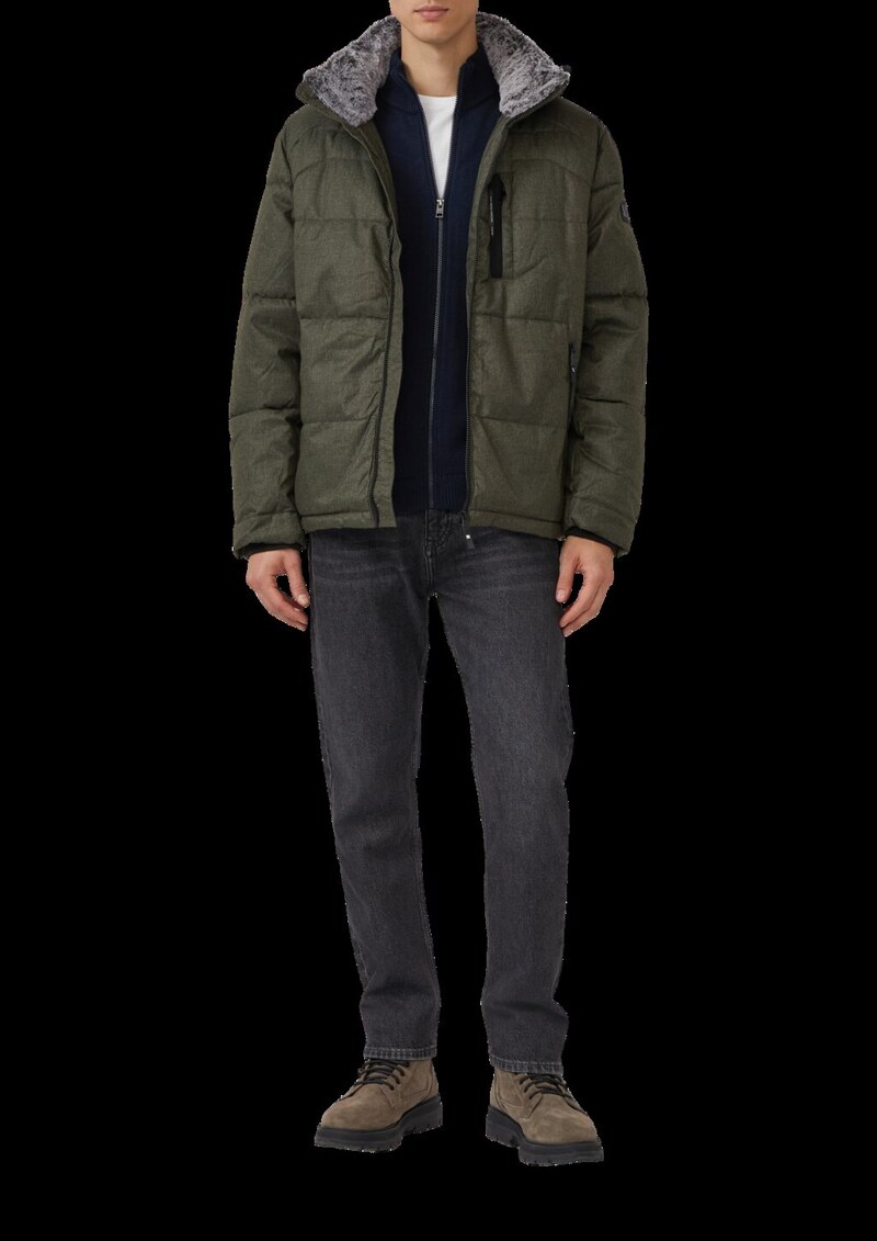 Melierte Pufferjacke mit abnehmbarem Kunstpelz-Innenkragen