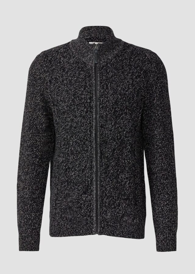 Bi-Colour Strickjacke mit Zopfmuster und Stehkragen