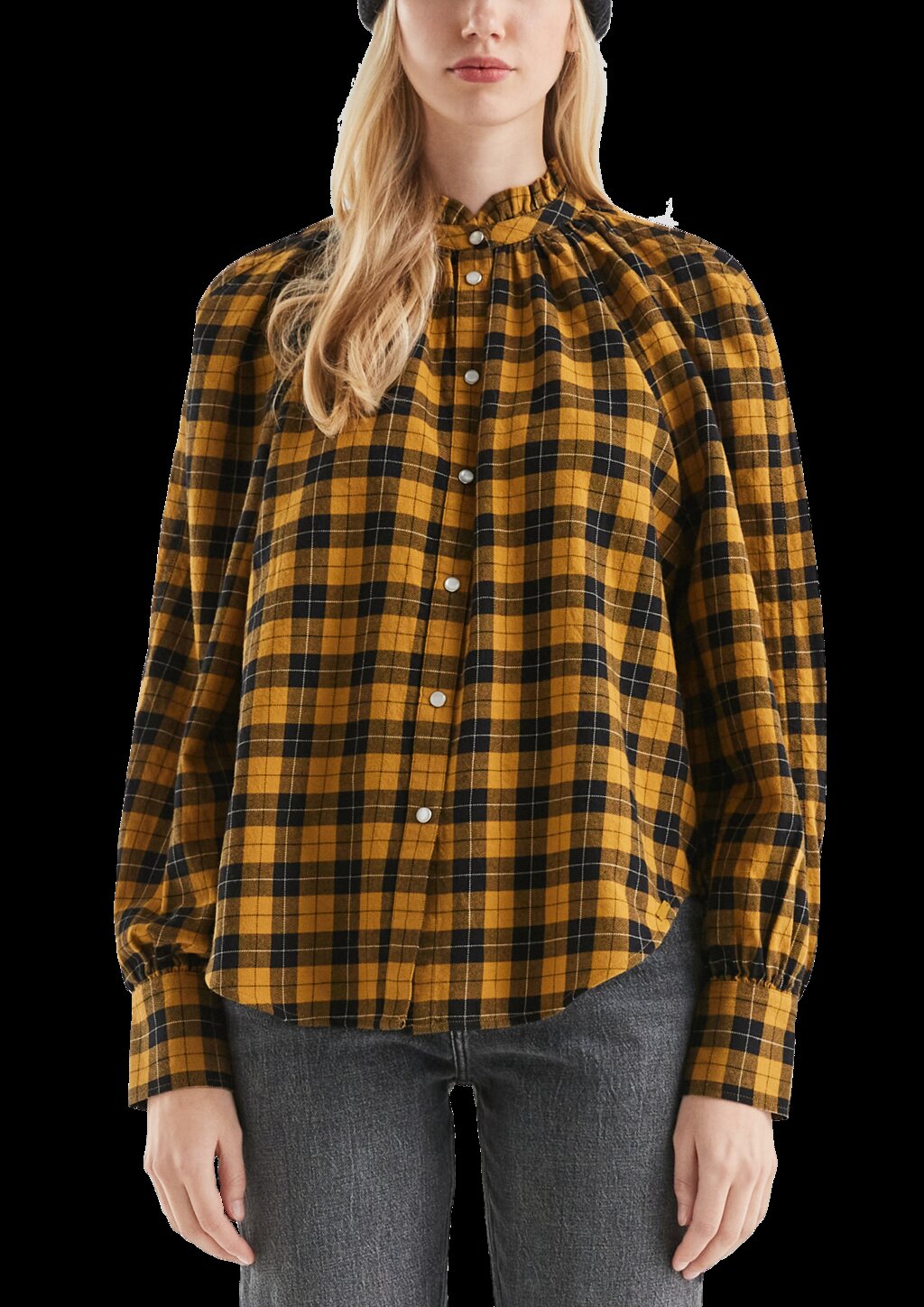 Karobluse mit Raglanärmel und Rüsche am Stehkragen