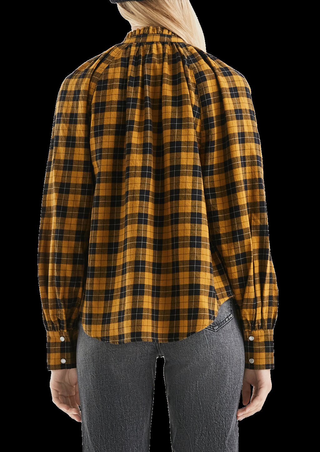 Karobluse mit Raglanärmel und Rüsche am Stehkragen