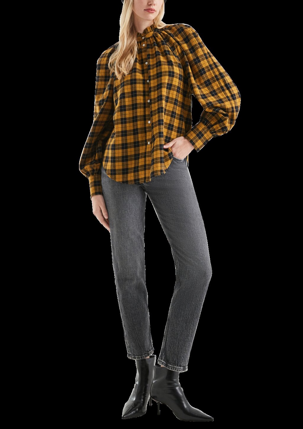 Karobluse mit Raglanärmel und Rüsche am Stehkragen