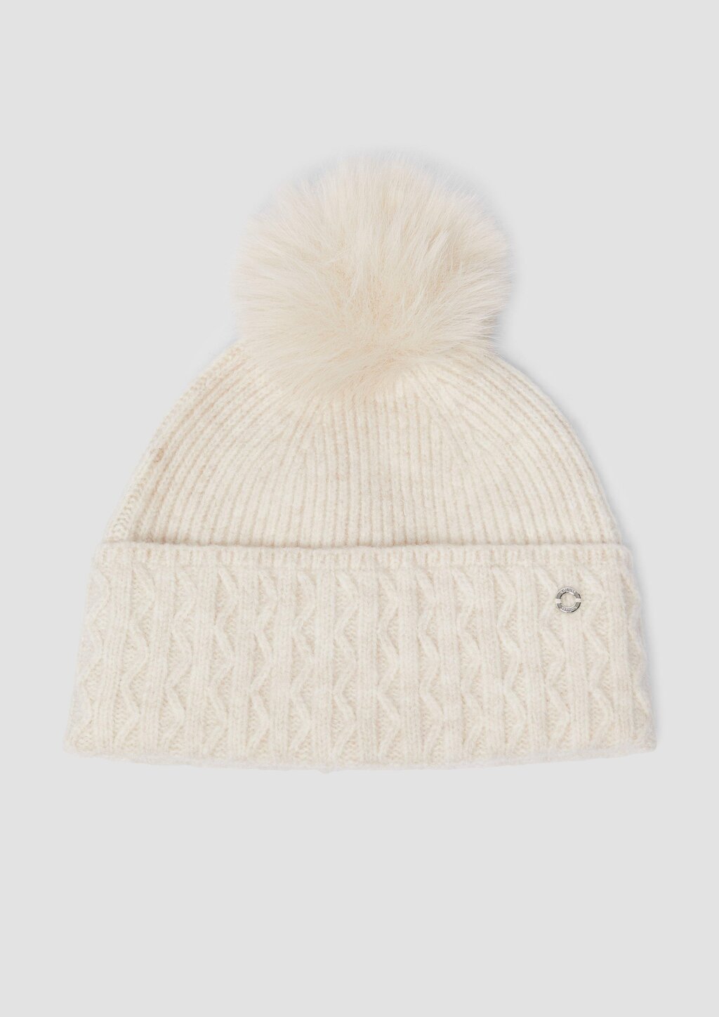 Strickmütze mit Fellimitat-Bommel und Fleece-Einsatz