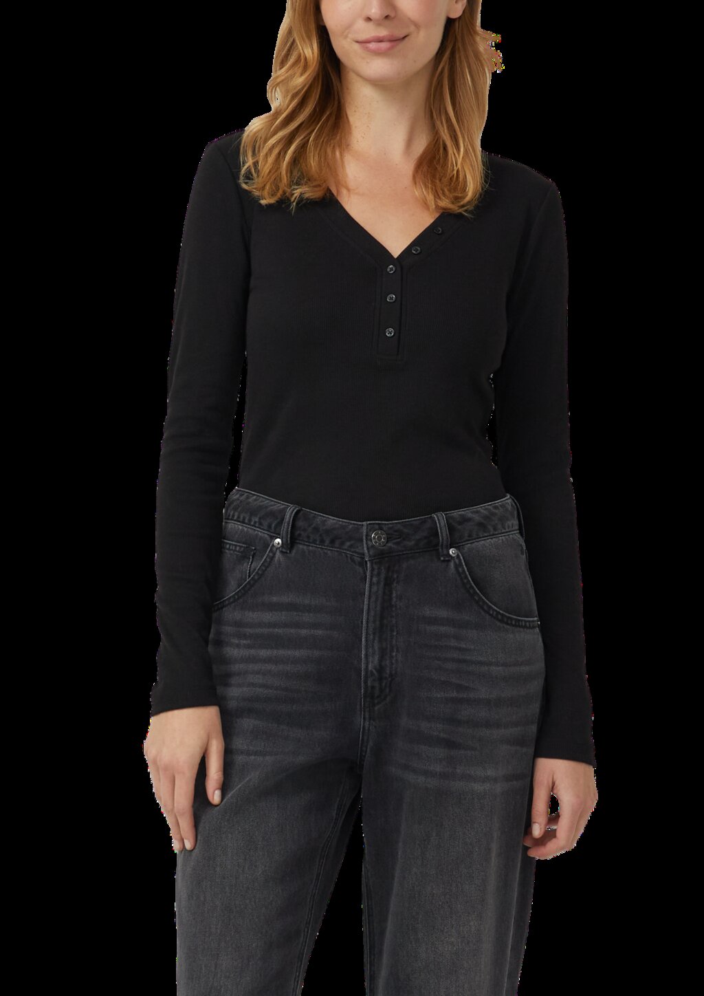 Geripptes Longsleeve mit Henleyausschnitt