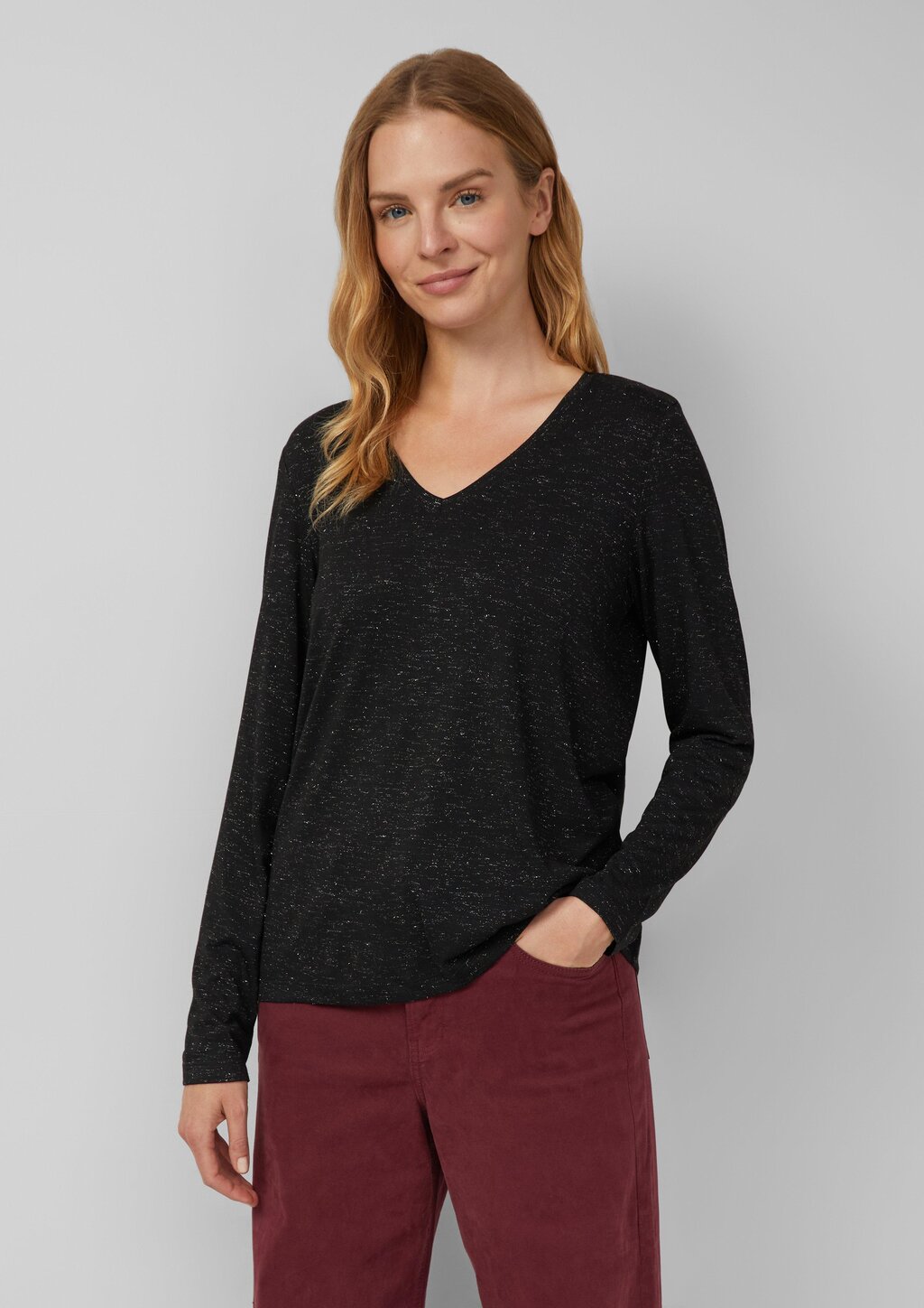 Longsleeve mit V-Ausschnitt und Glitzergarn