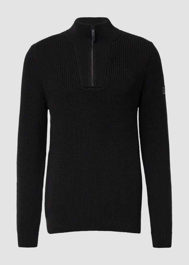 Gerippter Baumwoll-Pullover mit Troyer-Kragen