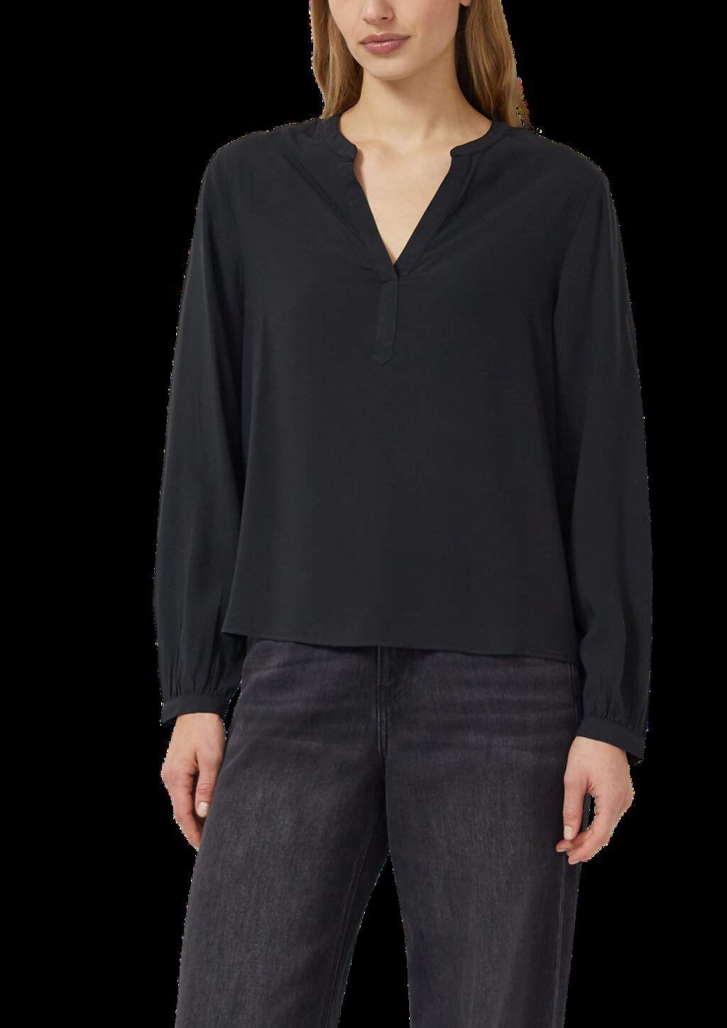 Fließende Viskosebluse mit Rundhals mit V-Ausschnitt