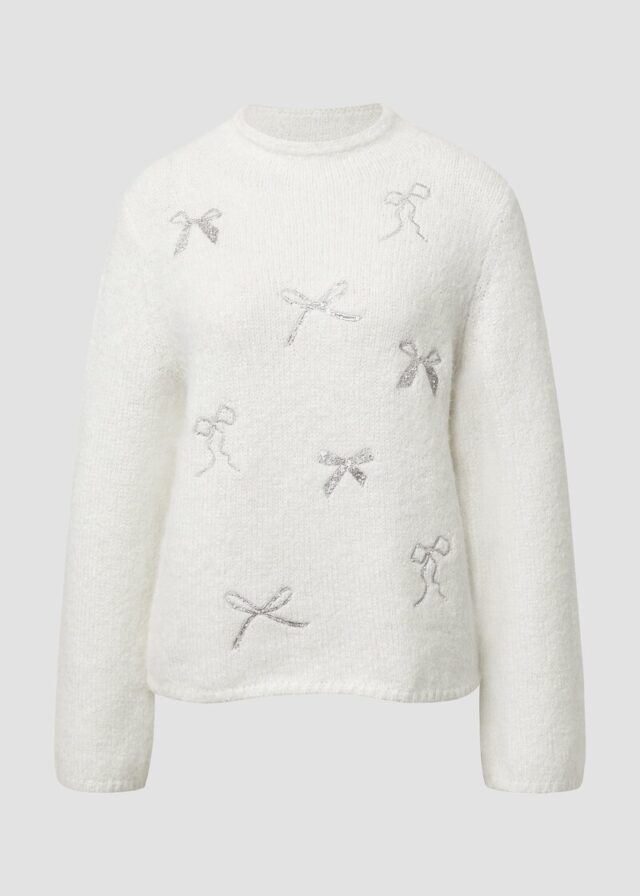 Strickpullover mit Stehkragen und Schleifen-Stickerei