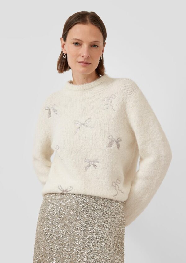 Strickpullover mit Stehkragen und Schleifen-Stickerei