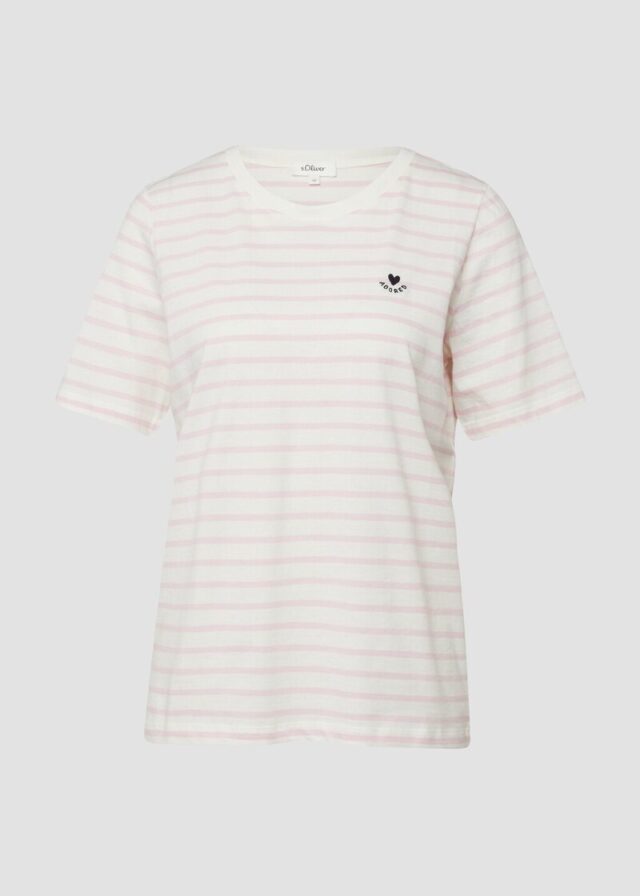 Gestreiftes Jersey-T-Shirt mit Herz-Stickerei