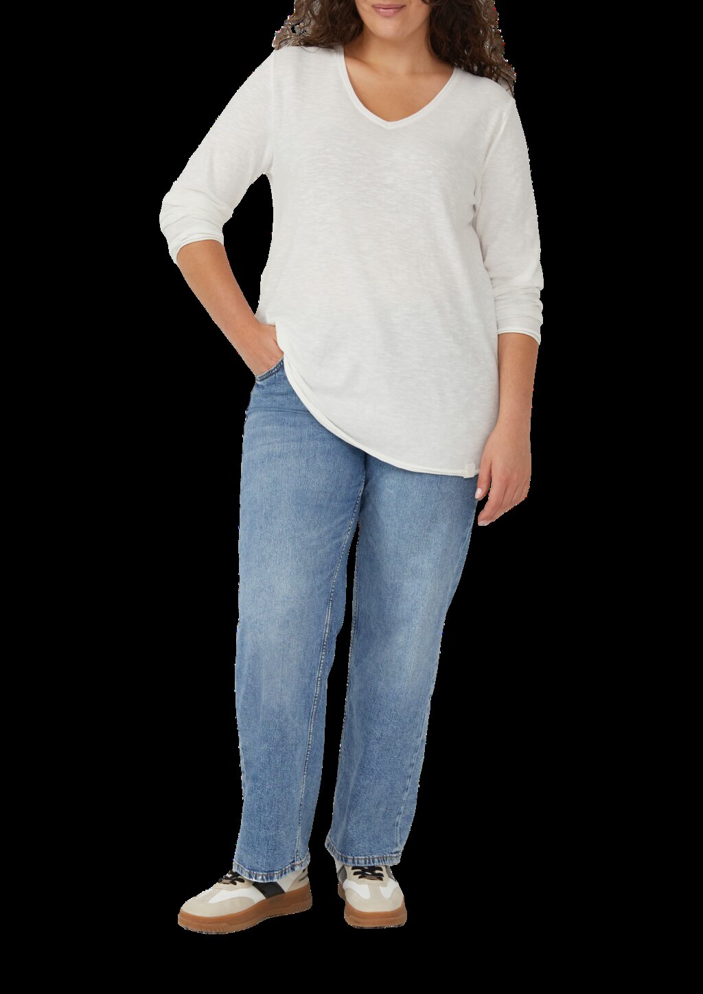 Jersey-Shirt mit V-Ausschnitt und Rollsaum