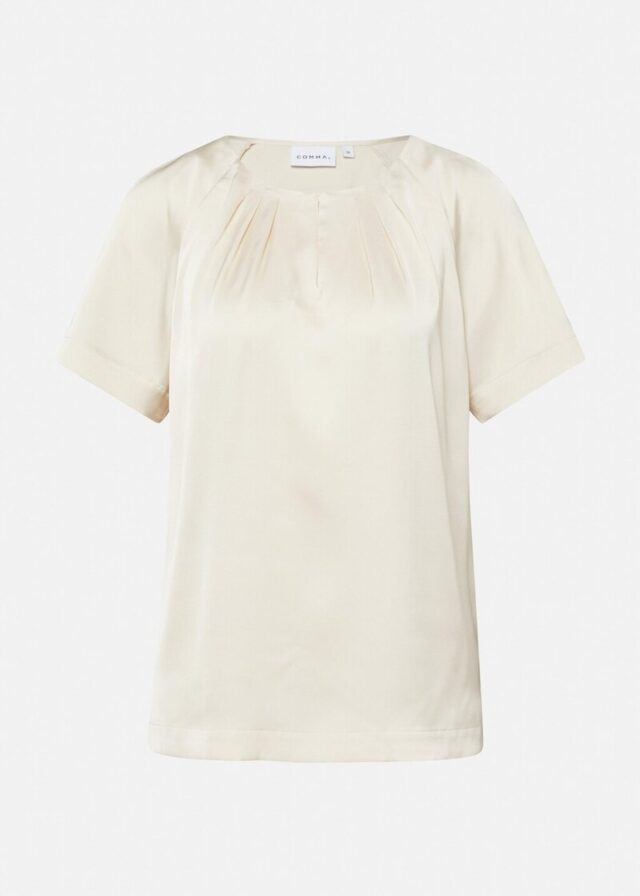 Satinierte Kurzarmbluse mit Raffung am Ausschnitt