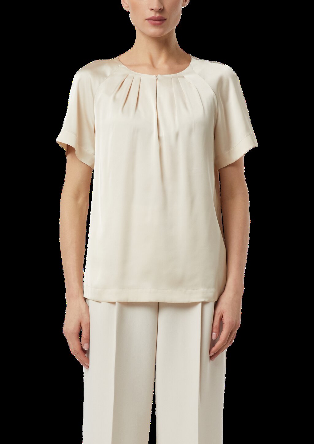 Satinierte Kurzarmbluse mit Raffung am Ausschnitt