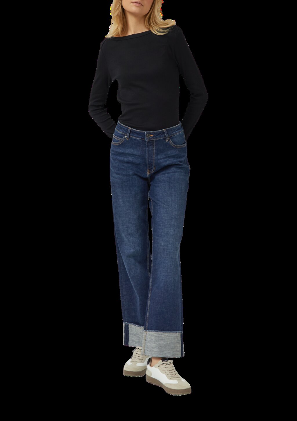 Geripptes Langarmshirt mit U-Boot-Ausschnitt