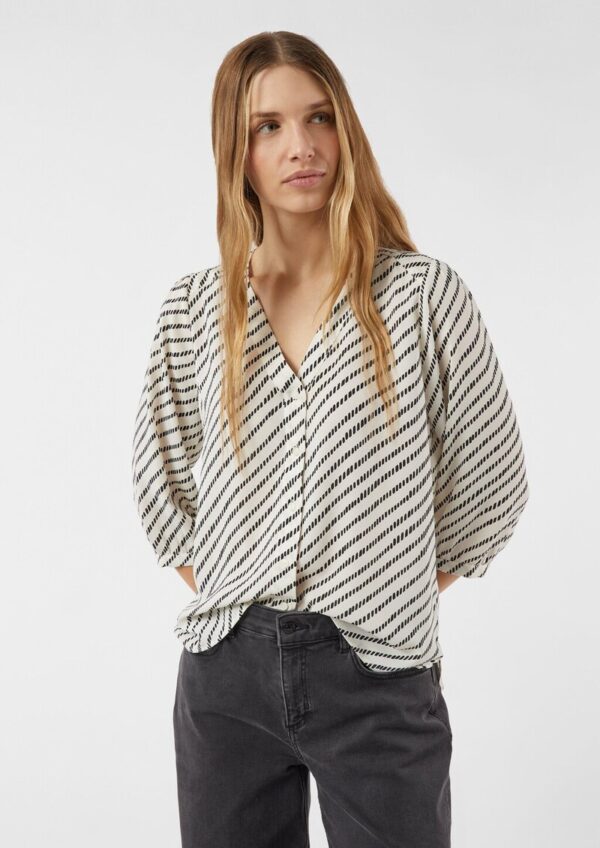 Gemusterte Chiffon-Bluse mit 3/4-Ärmeln und Raffung