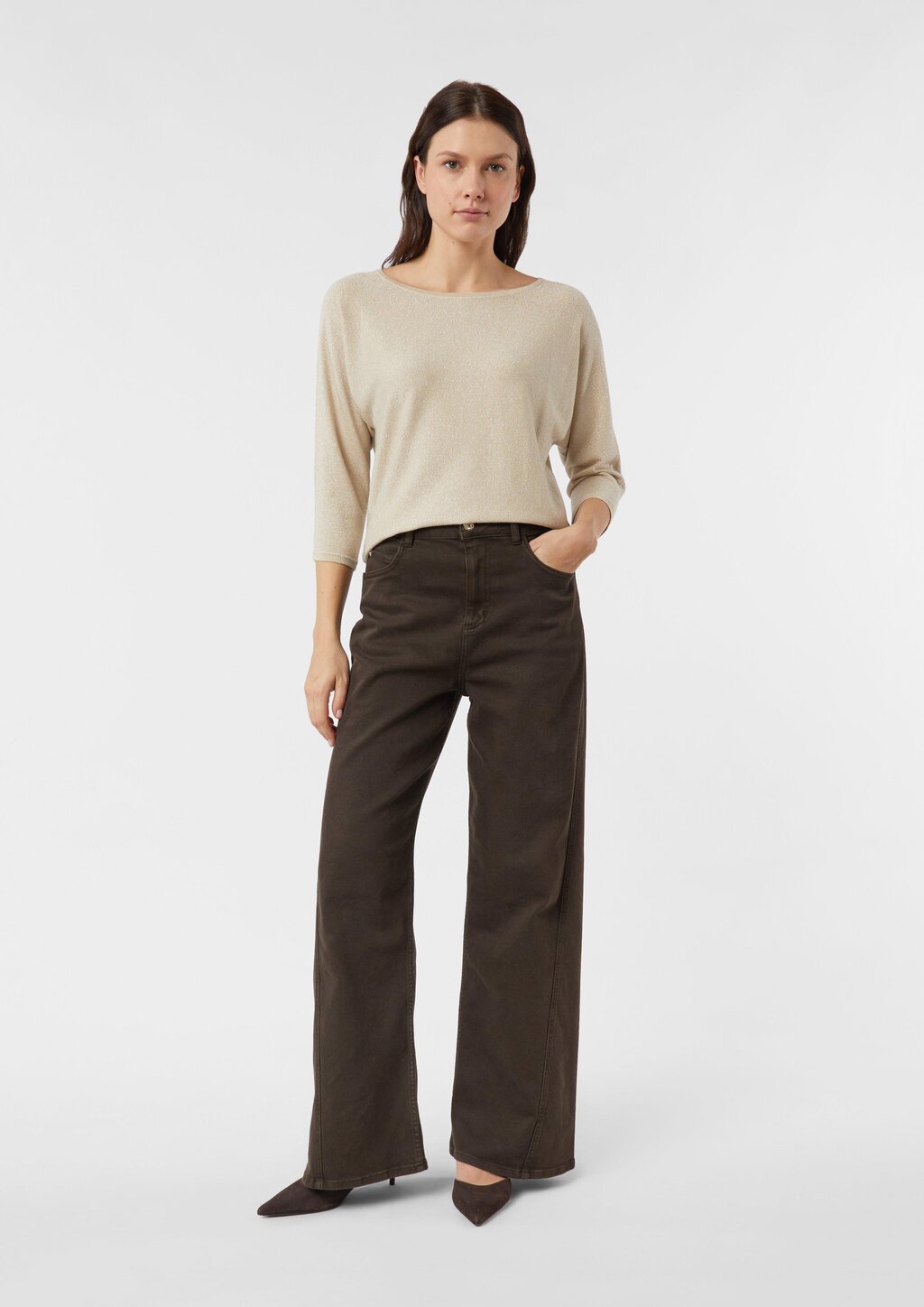 Glitzergarn-Feinstrickpullover mit 3/4-Arm