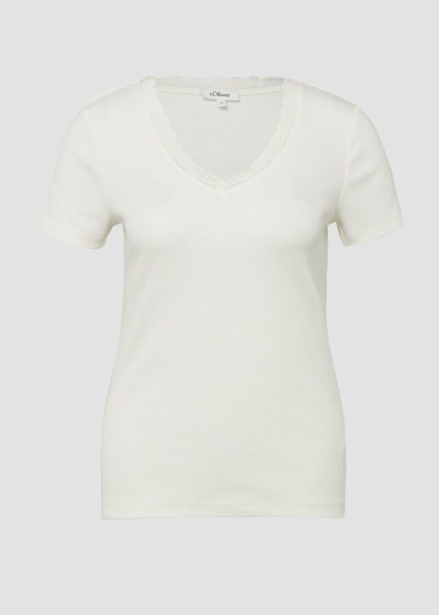 Ripp-T-Shirt mit Spitze am Ausschnitt