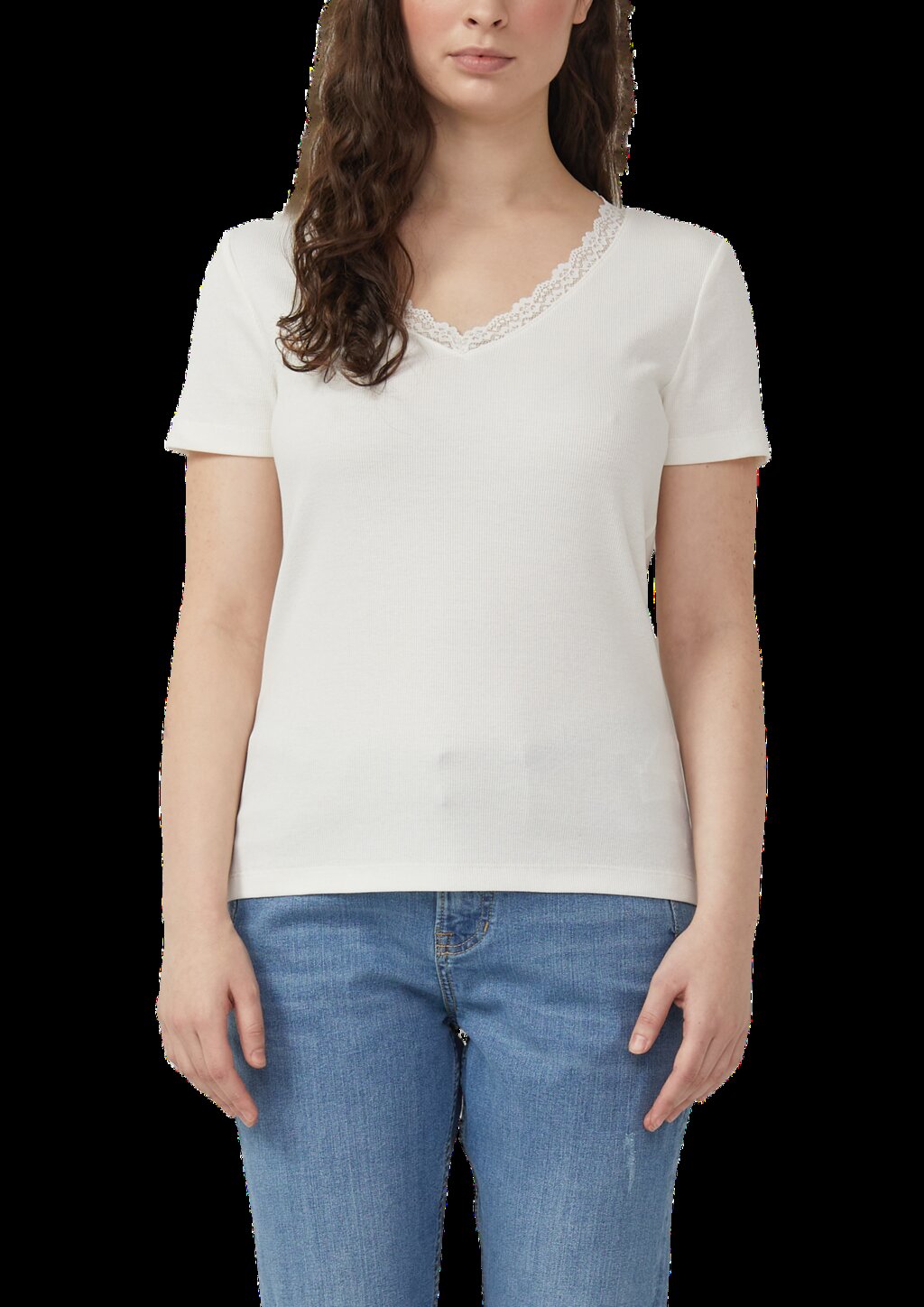 Ripp-T-Shirt mit Spitze am Ausschnitt