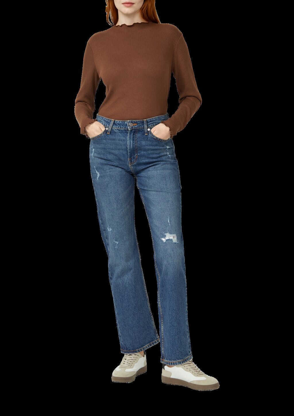 Geripptes Langarmshirt mit gewelltem Saum