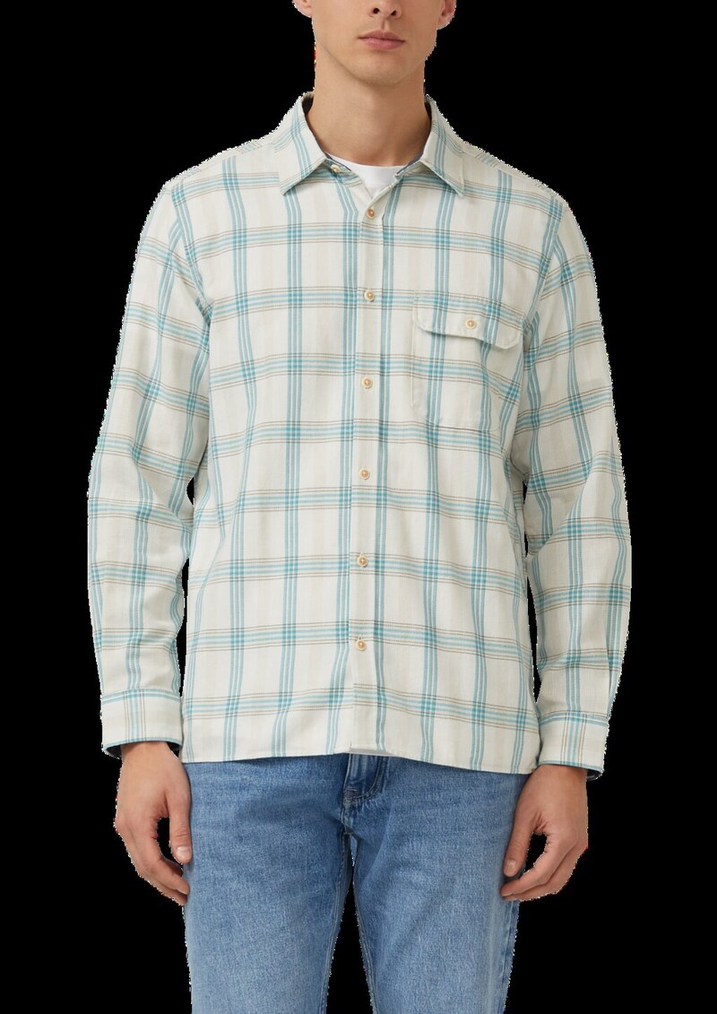 Regular Fit: Fein strukturiertes Karohemd mit Kentkragen und Brusttasche