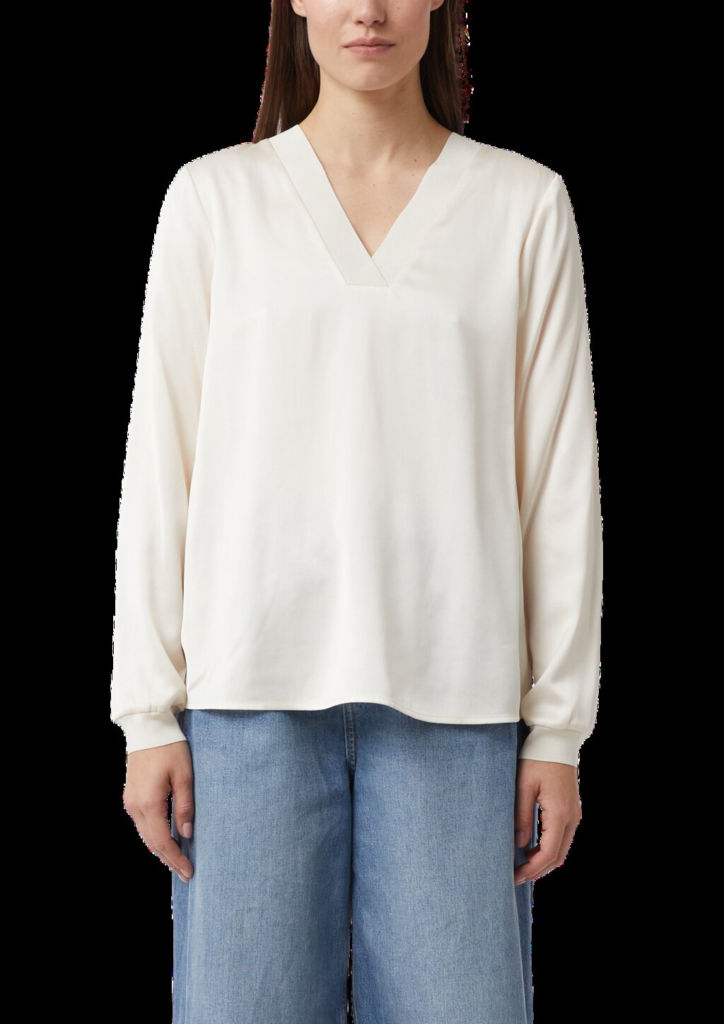 Satinbluse mit V-Ausschnitt und feinen Rippdetails