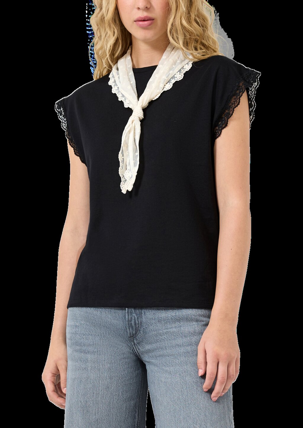 Lässiges Baumwollshirt mit Spitzenkante am Armloch