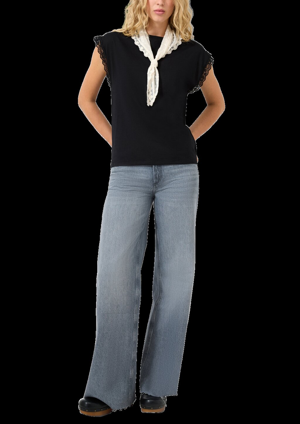 Lässiges Baumwollshirt mit Spitzenkante am Armloch