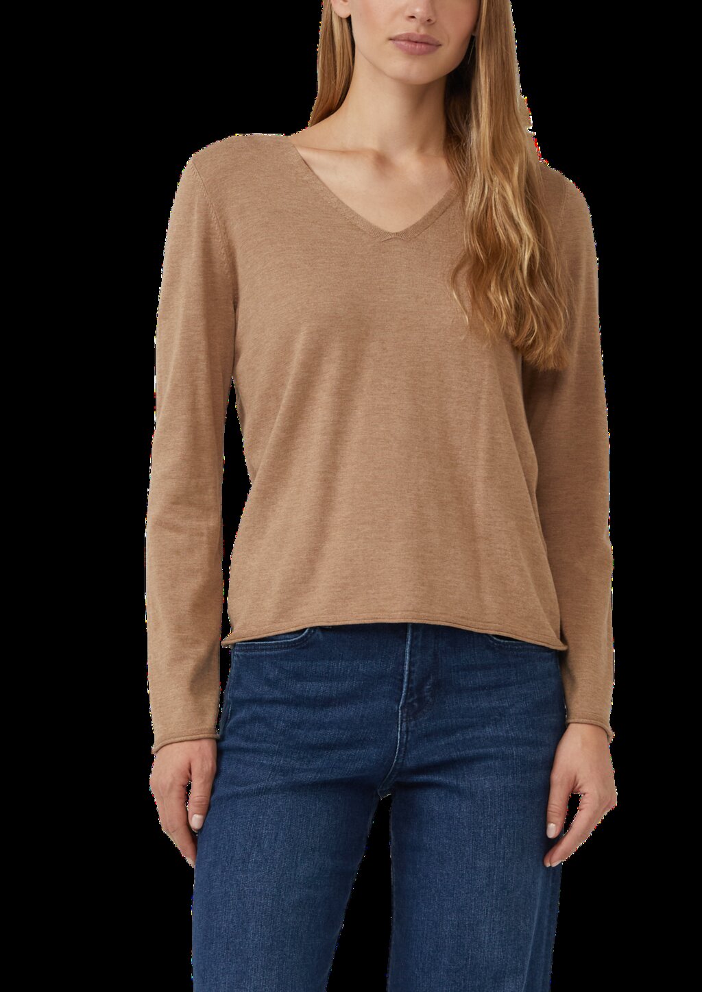 Feinstrickpullover mit V-Ausschnitt und Rollkante am Saum