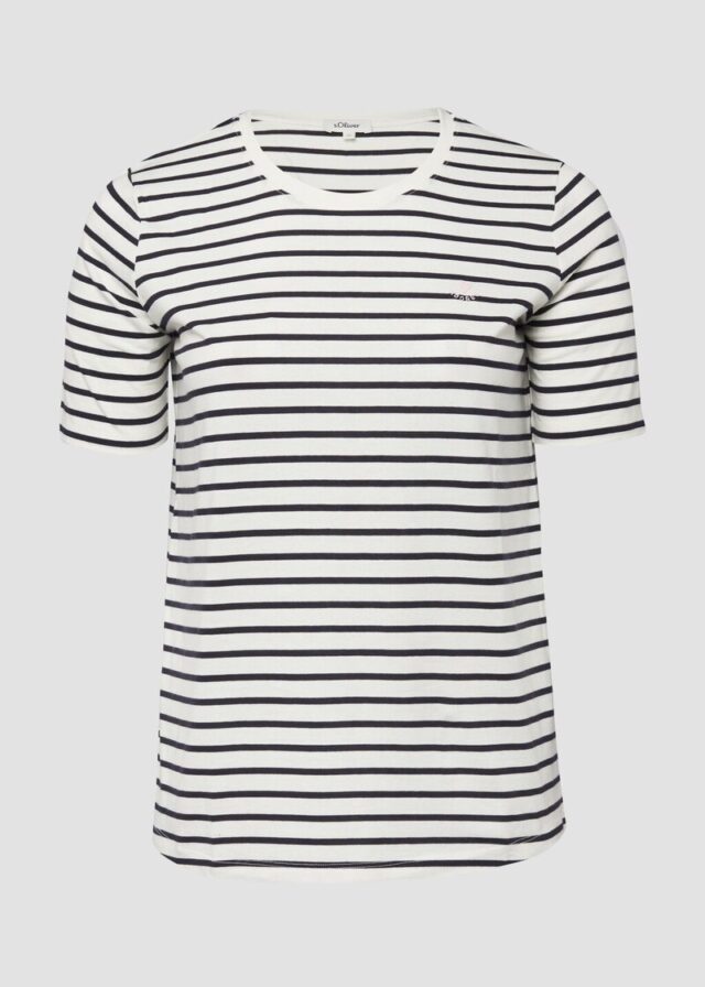 Gestreiftes Jersey-T-Shirt im Regular Fit mit Herz-Stickerei